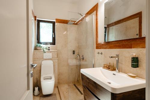 a bathroom with a white toilet and a sink at The Tribe Alpaca Retreat in Brăneşti