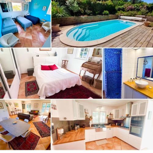 un collage de photos d'une maison avec une piscine dans l'établissement L'Evasion Méditerranéenne - Villa Piscine, Proxi Plage & Commerces, au Pradet