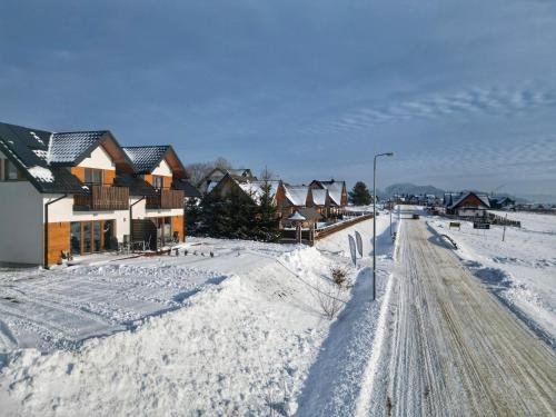 a snow covered town with houses and a street at Babiakówka in Kluszkowce