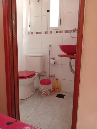a bathroom with a toilet and a sink at El Paraiso in San Clemente del Tuyú