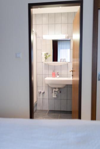 a bathroom with a sink and a mirror at HOTEL MARIA in Gramatneusiedl