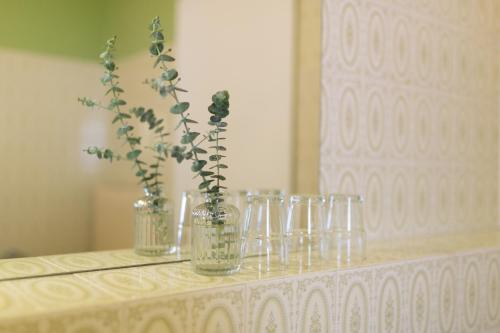 a table with several glass vases with flowers in them at HOTEL MARIA in Gramatneusiedl