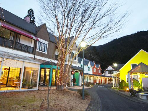 a street in a town with christmas lights at Hotel Euro City in Nikko