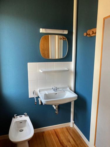 une salle de bain avec un lavabo blanc et un miroir dans l'établissement Appartement 6-7 pers, proche activités et loisirs d'été, à La Clusaz