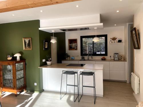 une cuisine avec des murs verts et un comptoir avec des tabourets dans l'établissement Villa with pool, absolute calm, à Plascassier
