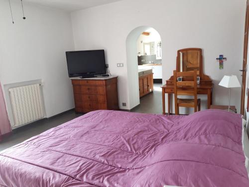 une chambre avec un lit, une télévision et un bureau dans l'établissement Magnifique logement indépendant dans villa avec piscine, à Tanneron