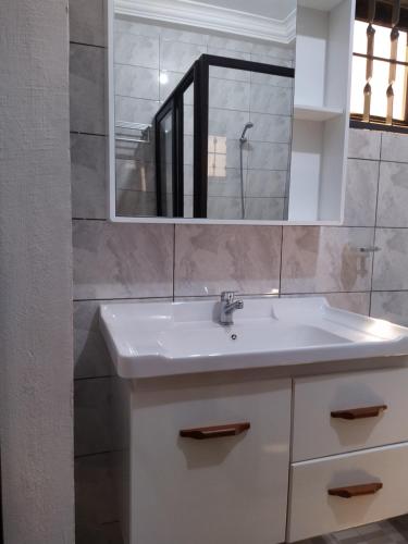 a bathroom with a white sink and a mirror at Tania in Zogbégan
