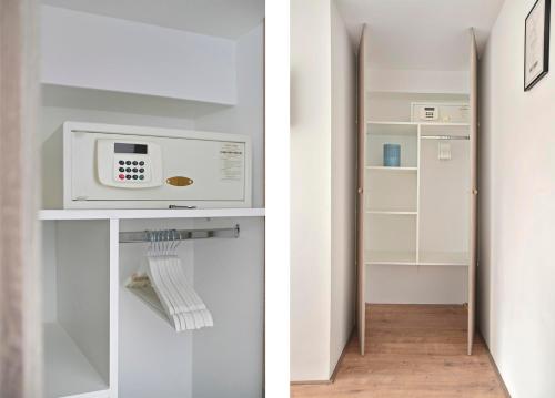 two pictures of a kitchen with a microwave at HouseBoat the New Lake - Nieuwe Meer in Amsterdam