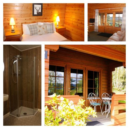 three pictures of a cabin with a bed and a bathroom at Killin Highland Lodges in Killin