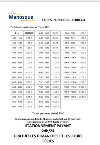 a screenshot of a document with the names of the tables at Duplex T3 climatisé centre terrasse parking payant in Manosque