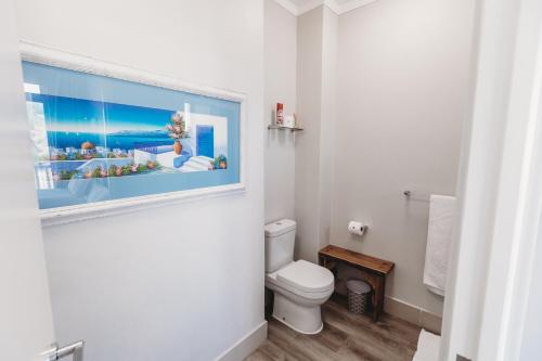 a bathroom with a toilet with a picture on the wall at Restore your Soul, Boulders Beach, Seaforth, Simon's Town in Simonʼs Town