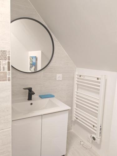 une salle de bain avec un lavabo et un miroir dans l'établissement 玫瑰花苑, à Bussy-Saint-Georges