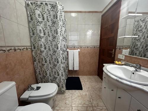 a bathroom with a toilet and a sink and a shower at Casa Vacacional Nona in Caleta de Interián
