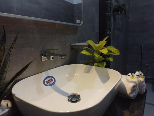 a white sink in a bathroom with a plant at COCO Rooms in Galle