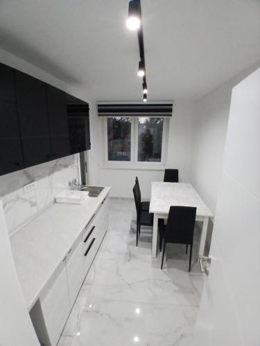 una cocina blanca con mesa y sillas. en Apartman Tiha Noc, en Odžaci