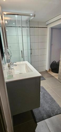 une salle de bain avec un lavabo et un miroir dans l'établissement Esprit Loft, à Riquewihr