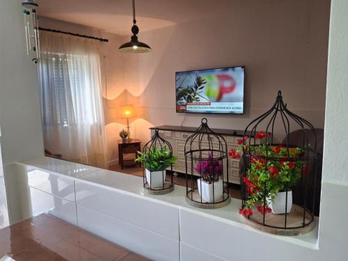 a living room with flowers in flower baskets on a shelf at Flor de Laranjeira in Mértola