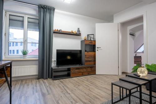 a living room with a flat screen tv on a wall at Villa Krems Wachau Apartments an der historischen Stadtmauer in Krems an der Donau