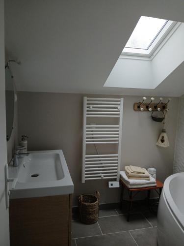 La salle de bains est pourvue d'un lavabo et d'une lucarne. dans l'établissement L' Arbre à noisettes, à Ploërmel