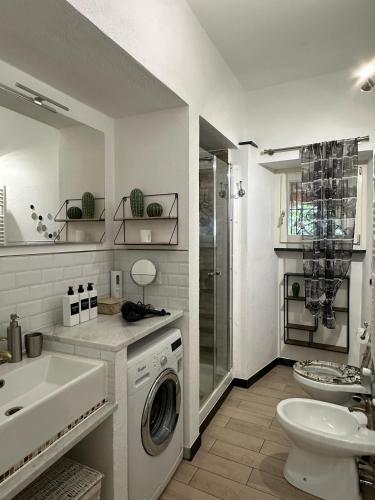 a bathroom with a washing machine and a sink at Gassa d'Amante in Montaretto