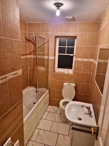 a bathroom with a toilet and a sink and a shower at Exotic Maidstone Home in Maidstone
