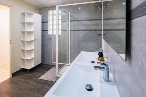 une salle de bain avec un lavabo et une douche dans l'établissement Appartement Moderne Notre-Dame de Paris, à Paris
