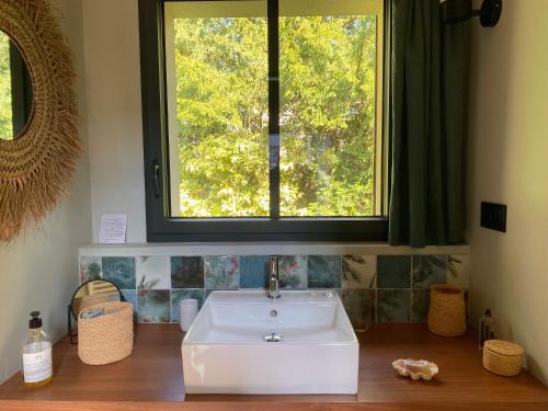 a white sink in a bathroom with a window at Chambre d'hôtes Les Îles Vagabondes in Saint Malo