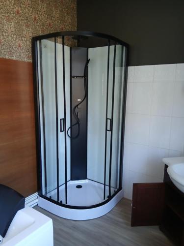 La salle de bains est pourvue d'une douche en verre et d'un lavabo. dans l'établissement spa suite Calèche, au chateau au milieu d un bois en baie de somme, à Mons-Boubert