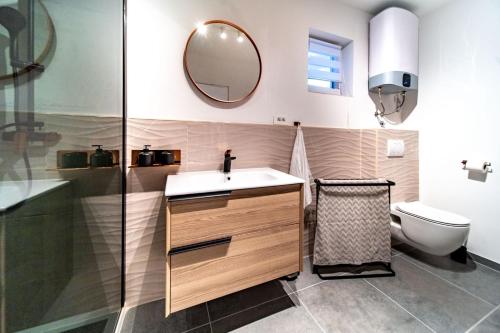 a bathroom with a sink and a toilet and a mirror at Apartment Grguric Apartments in Palit