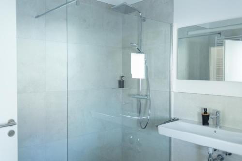 a white bathroom with a shower and a sink at BEST STAY Apartment Rhönzauber Dietershausen in Künzell