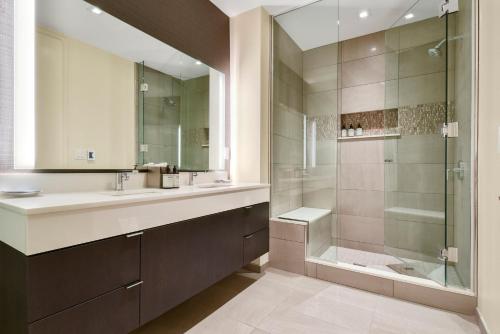 a bathroom with a sink and a shower at Lift Park City Condominiums in Park City