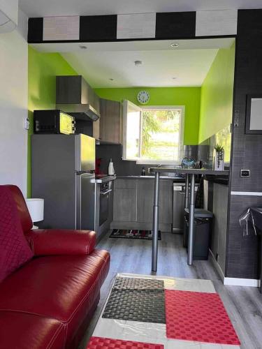 - une cuisine avec un canapé rouge dans une chambre dans l'établissement Le petit mauricia, à San-Nicolao