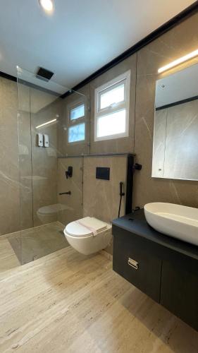 a bathroom with a toilet and a sink and a mirror at CEDARS Resorts - Doodhpathri Kashmir in Rengazabal