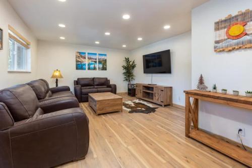 a living room with a couch and a television at Mountain Cabin wHot Tub & Washer Dryer in Fairplay