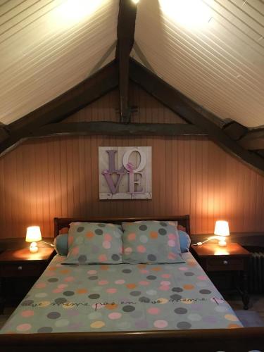 une chambre avec un lit avec deux lampes sur deux tables dans l'établissement maison chaleureuse, à Épiais