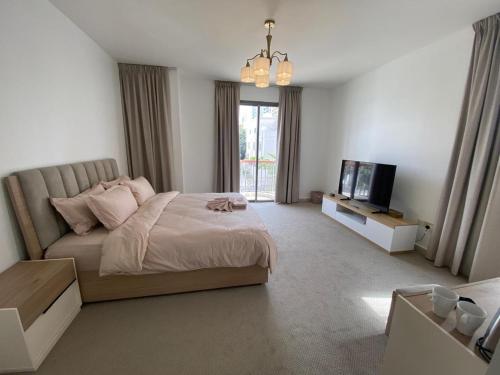 a bedroom with a large bed and a television at Dinar - villa master bedroom in Abu Dhabi