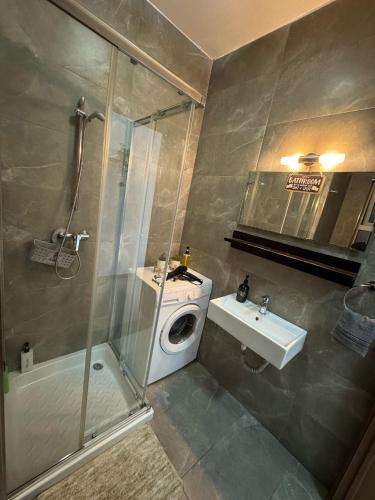 a bathroom with a shower and a sink and a toilet at Elba Apartment in Msida