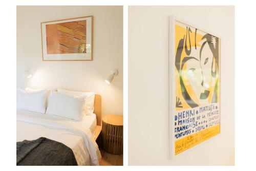 two pictures of a bedroom with a bed and a poster at Ro-ana for 8, Gerringong in Gerringong
