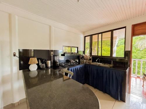 a large kitchen with a counter top and a sink at Puravidovo, ocean view, hill side in Golfito