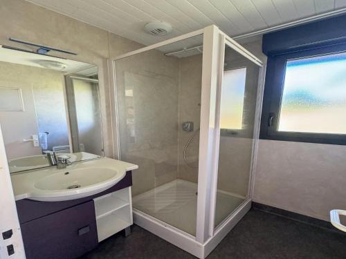 une salle de bain avec un lavabo et une douche dans l'établissement Cottage in Champs-sur-Tarentaine near Artense, à Champs Sur Tarentaine