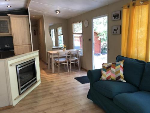 a living room with a couch and a fireplace at Chalet in Antwerp Kempen near Bobbejaanland in Beulk