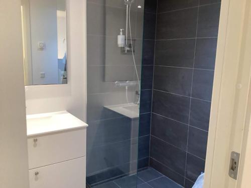 a bathroom with a shower with a sink and a mirror at 4 star holiday home in Vedbæk in Vedbæk