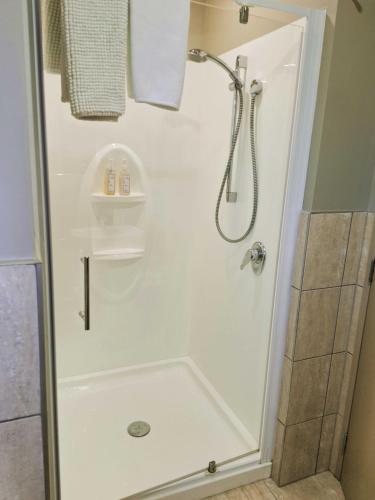 a shower in a bathroom with a white shower stall at Blue Ridge Studios and Bed & Breakfast in Te Anau