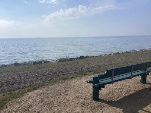 a green bench sitting next to the ocean at 6 person holiday home in Dannemare in Dannemare