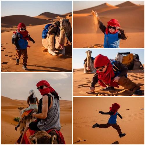 a group of four pictures of a child riding a camel in the desert at Khadija Desert Camp in Merzouga