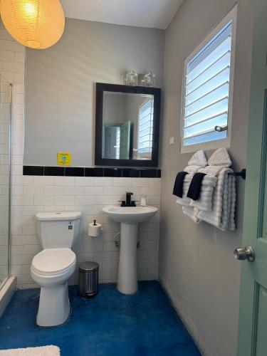 a bathroom with a toilet and a sink and a mirror at The Bakers Villa Old Wharf Ltd in Treasure Beach