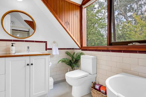 ein Badezimmer mit Toilette, Waschbecken und Spiegel in der Unterkunft The Gap in Bright