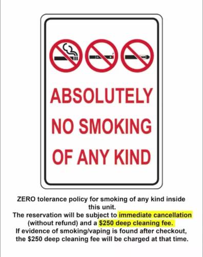 a sign that reads absolutely no smoking of any kind at Blue Bliss Indoor Pool, FREE Parking, Near NYC in Elizabeth