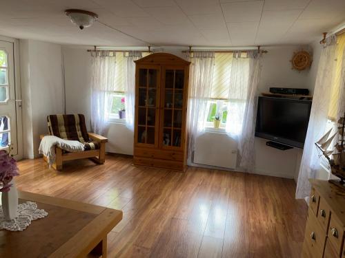 sala de estar con TV, sofá y ventanas en Hafners Ferienhaus, en Gullringen
