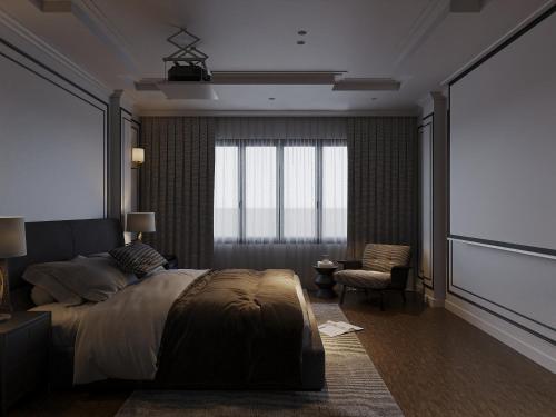 a bedroom with a bed and a large window at Star Night Hotel and Apartment in Hanoi